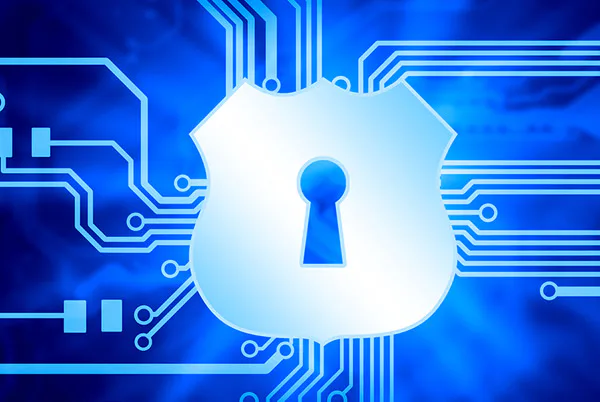 A digital shield and keyhole over an electronic circuit pattern.