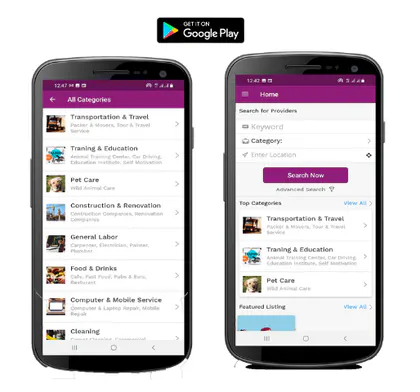 Category and provider-search screens from the JollyWorkers mobile application.