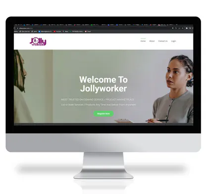 Homepage interface from the JollyWorkers service marketplace website.