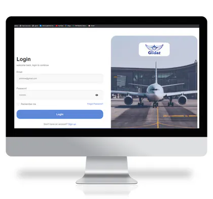 Login interface from the Glidaz aviation mentoring web platform.