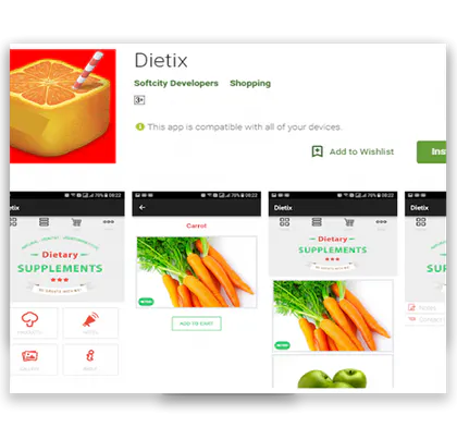Product and shopping screens from the Dietix mobile application.