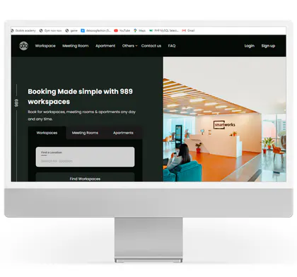Workspace and meeting-room booking interface on a desktop display.