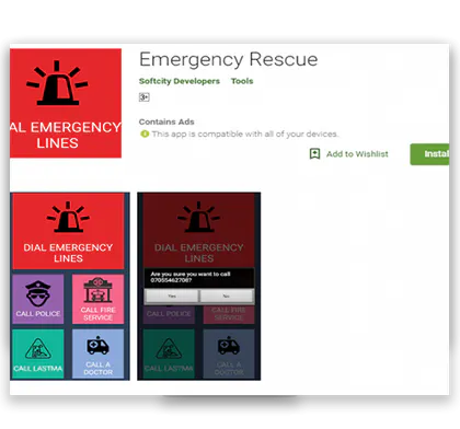 Emergency-service selection screens from a mobile rescue application.
