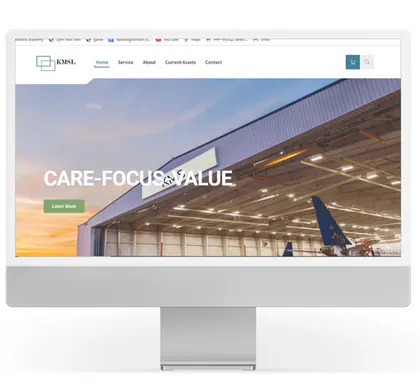 KMS aviation-services website interface on a desktop display.