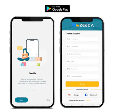 Onboarding and account-creation screens from the Zeedda logistics mobile application.