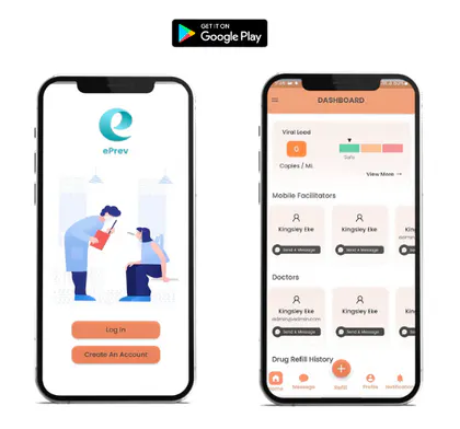 Login and care dashboard screens from the ePrev patient mobile application.